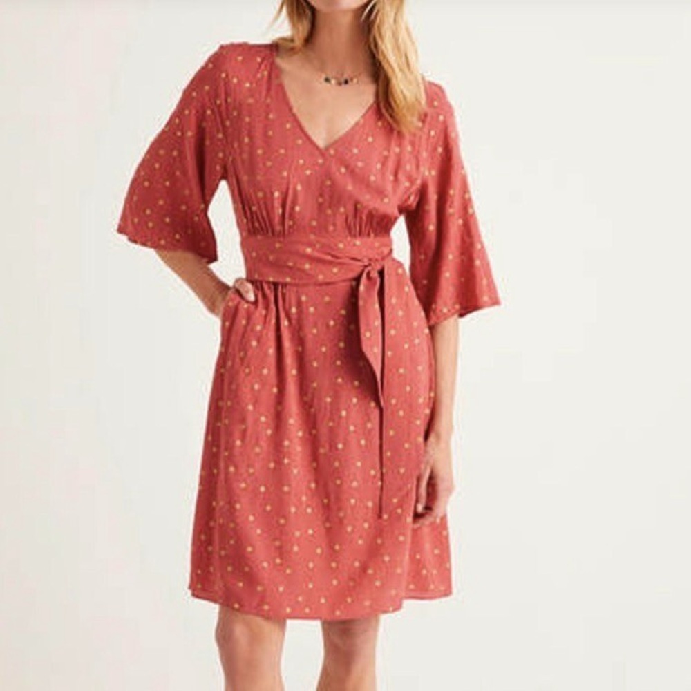 V-Neck Coral-Red Polka Dot Wrap Dress with Waist Tie